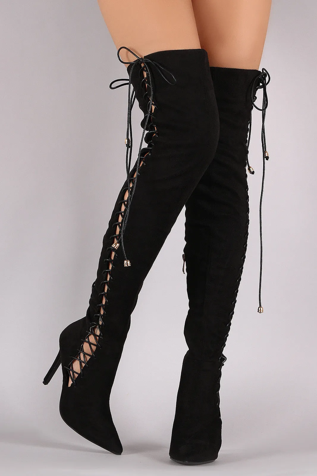 Sue - Lace Up Pointy Toe Stiletto Over-The-Knee Boots