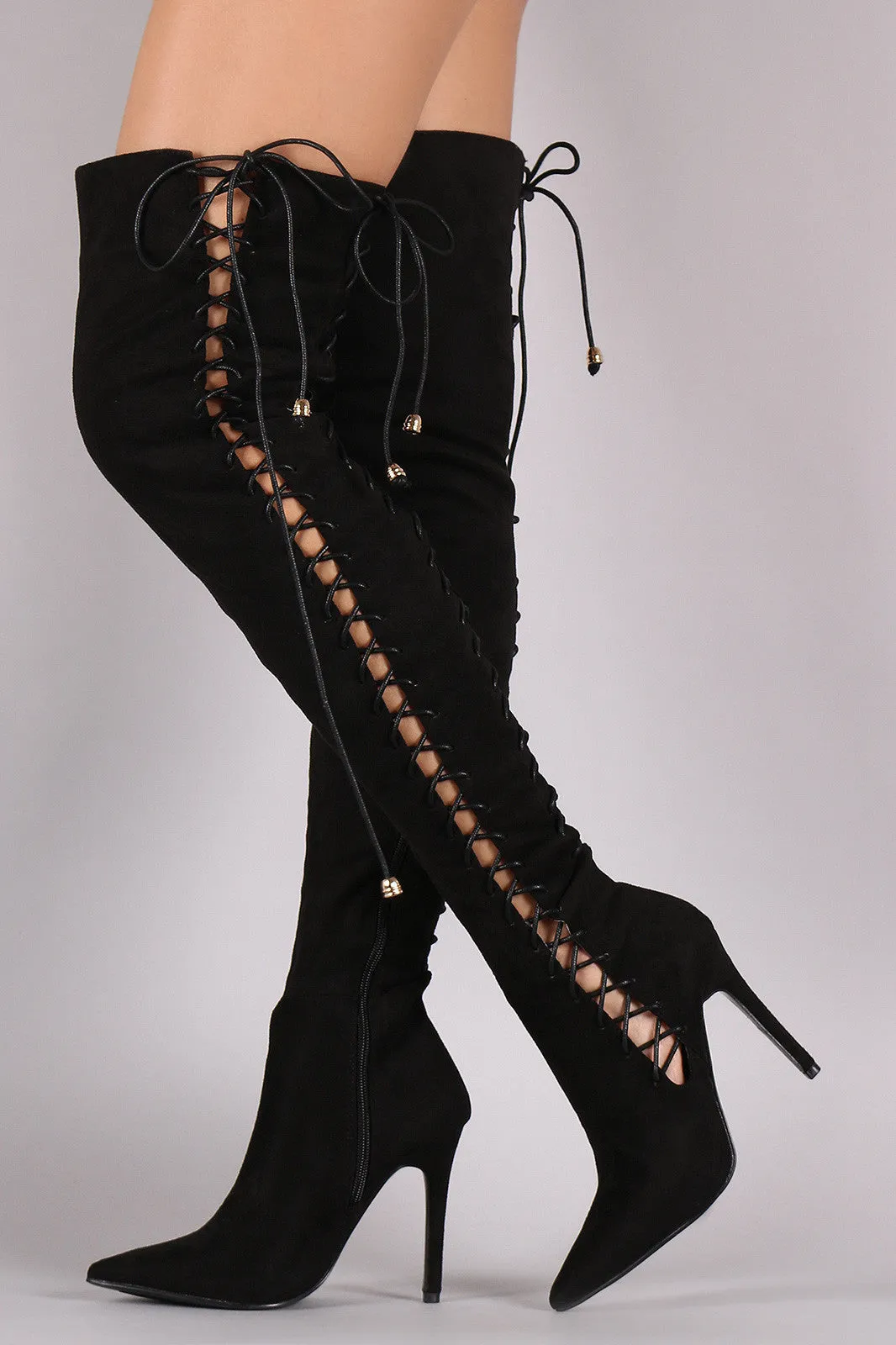 Sue - Lace Up Pointy Toe Stiletto Over-The-Knee Boots