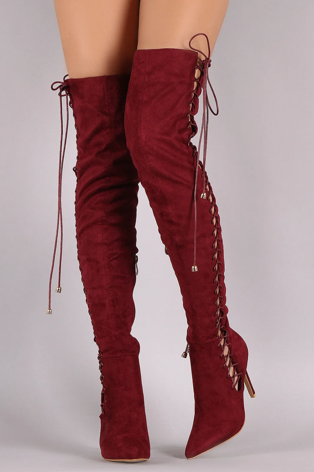 Sue - Lace Up Pointy Toe Stiletto Over-The-Knee Boots