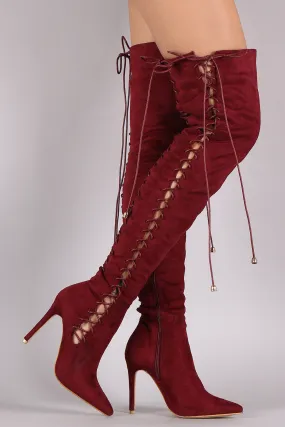 Sue - Lace Up Pointy Toe Stiletto Over-The-Knee Boots