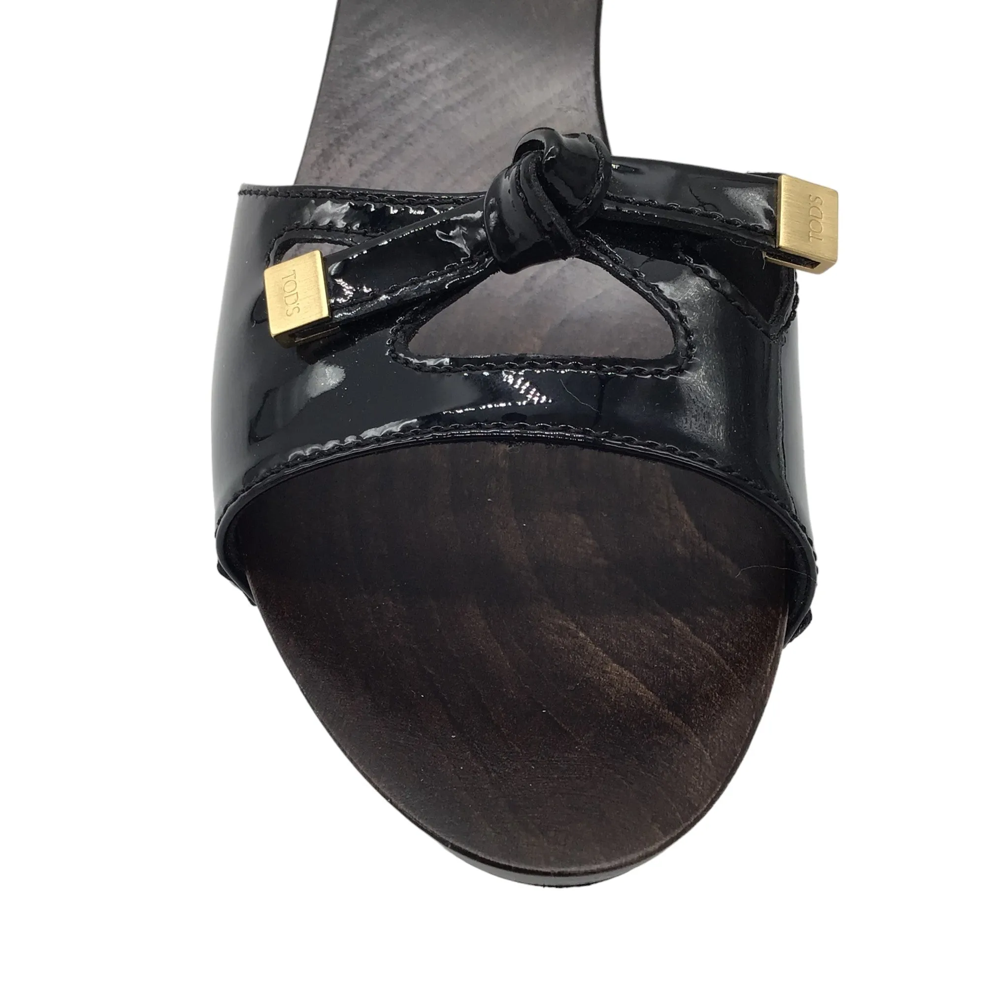 Tod's Black / Gold Studded Wood Heel Patent Leather Slide Sandals