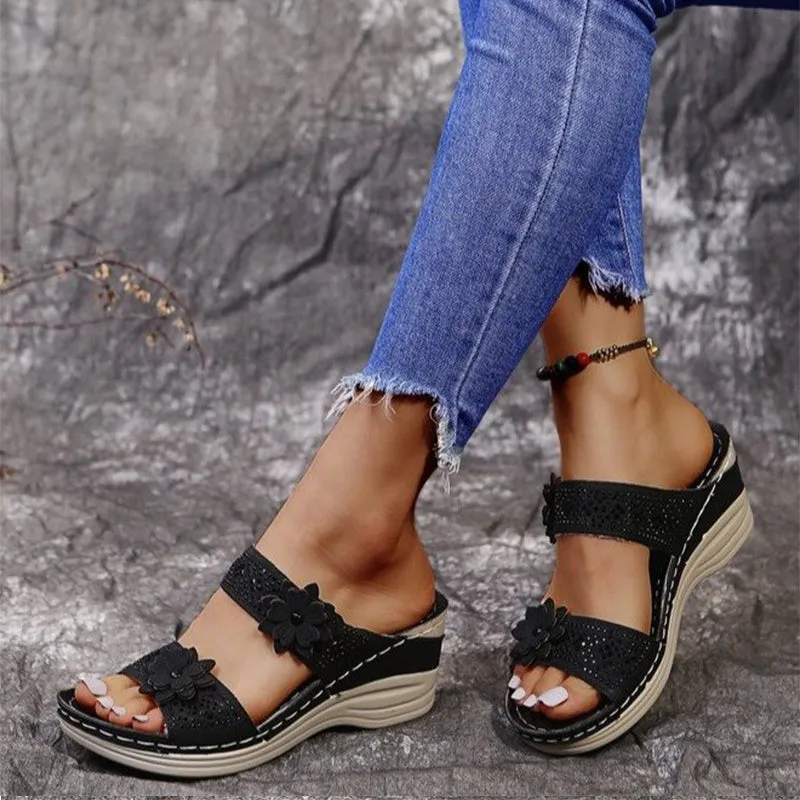 Women Casual Shoes Vintage Flower Fish Mouth Sandals