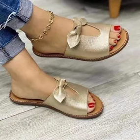 Women's Bow Tie Decor Slippers Open Toe Round Toe Solid Color Flat Slides