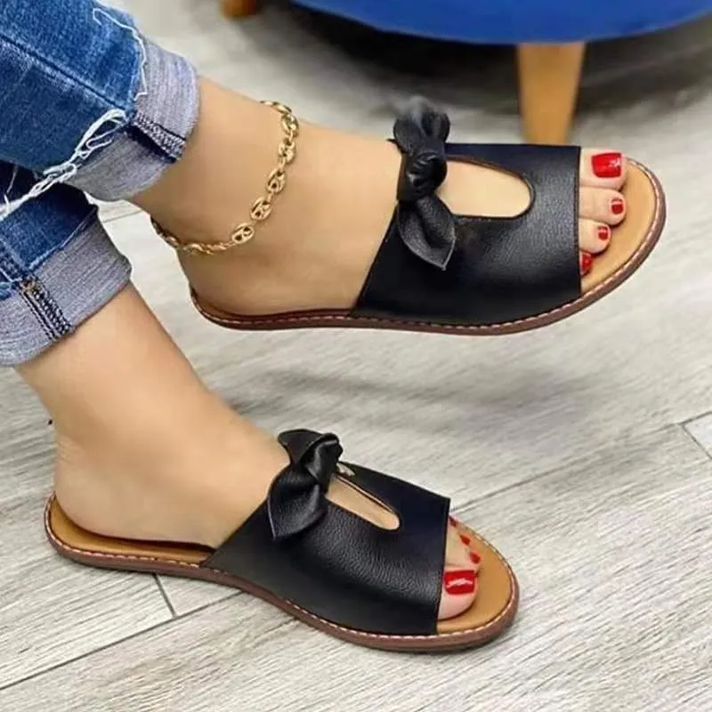 Women's Bow Tie Decor Slippers Open Toe Round Toe Solid Color Flat Slides