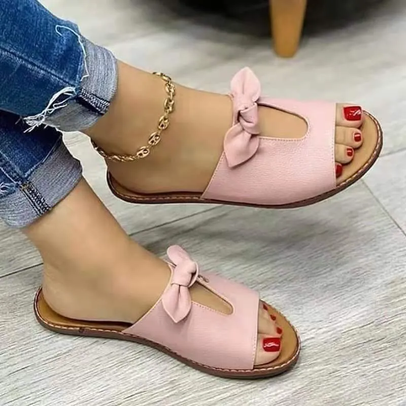 Women's Bow Tie Decor Slippers Open Toe Round Toe Solid Color Flat Slides