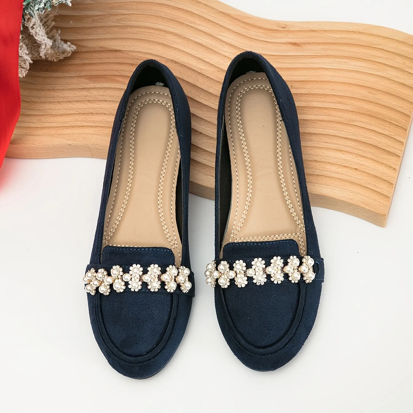 Women's Faux Pearl Decor Flat Loafers Solid Color Lightweight Shoes